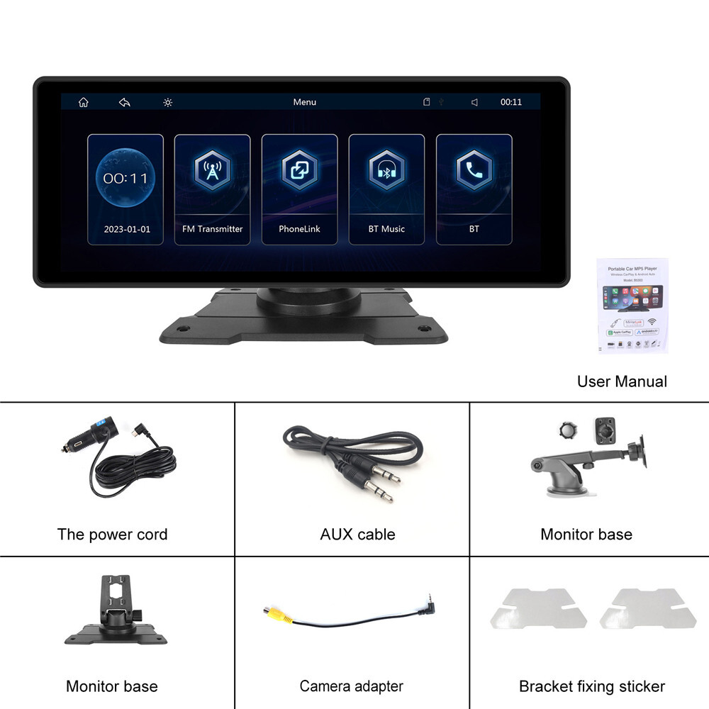 10.26 Inches Car Smart Screen Player Monitor AUX Cable Camera Adapter W/Mount