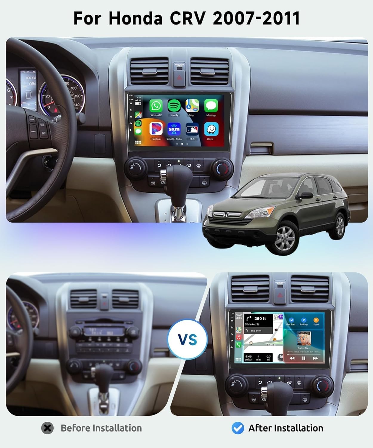 9″ 8Core 4+64G Android Auto Carplay Stereo for Honda CRV 2007-2011; Free Camera