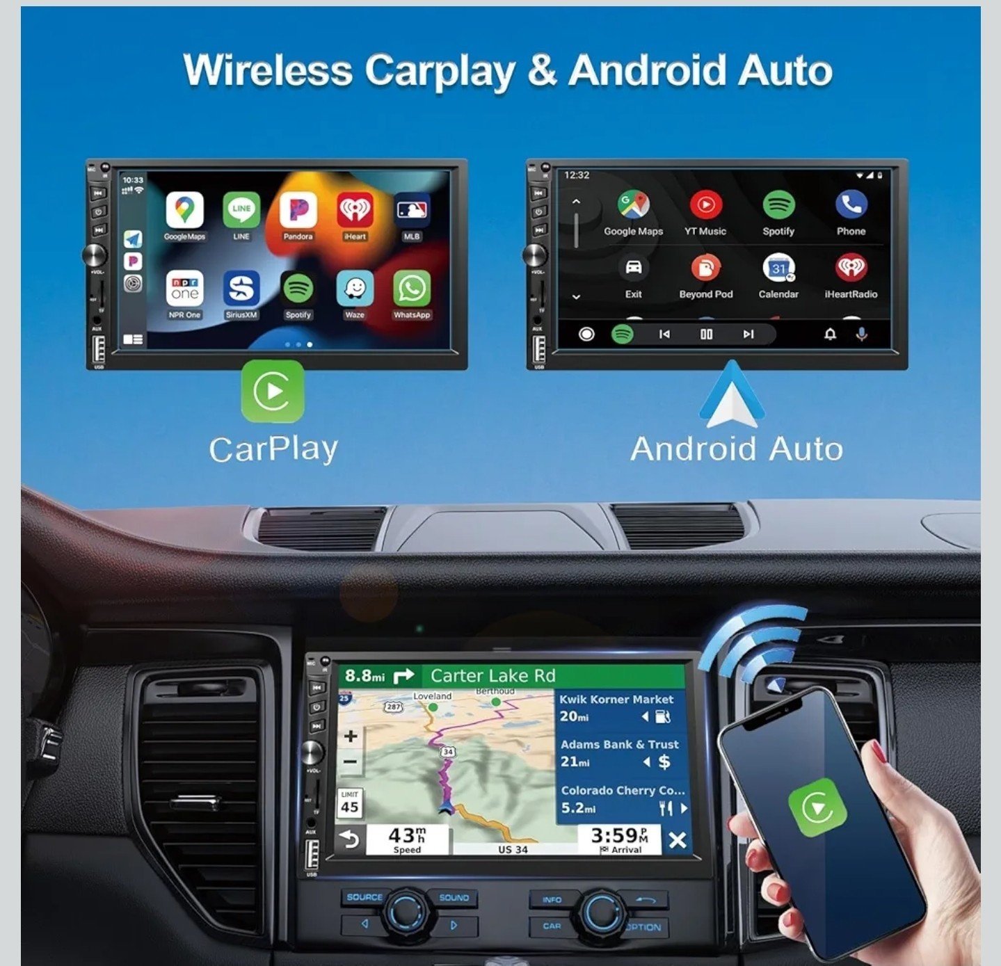 Wireless Double Din Car Stereo Works with Apple Carplay,7 Inch HD 1024 * 600…