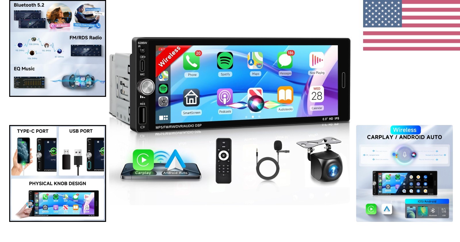 6.9” Single Din Car Stereo with Wireless CarPlay Android Auto, 1280 * 480 HD…