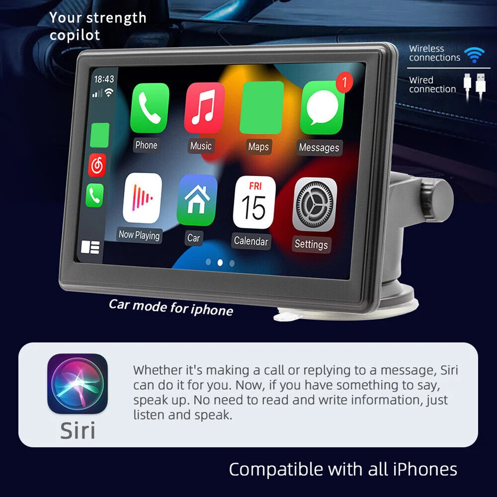 7inch Portable Car Stereo Wireless Apple Carplay Auto Touch Screen BT Radio+CAM