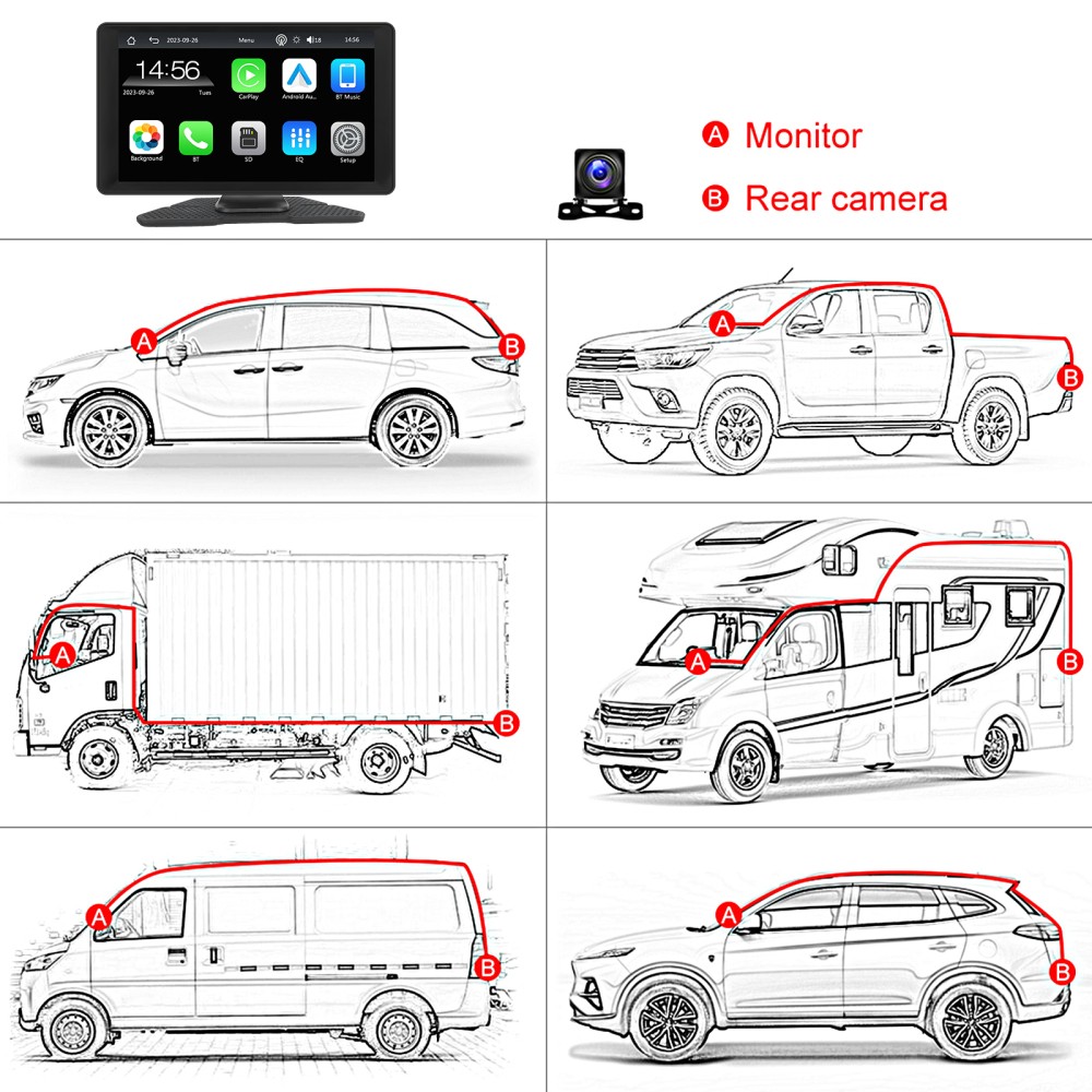 9 inch Adjustable Car Stereo RadioWireless Apple Carplay Auto Touch Screen BT