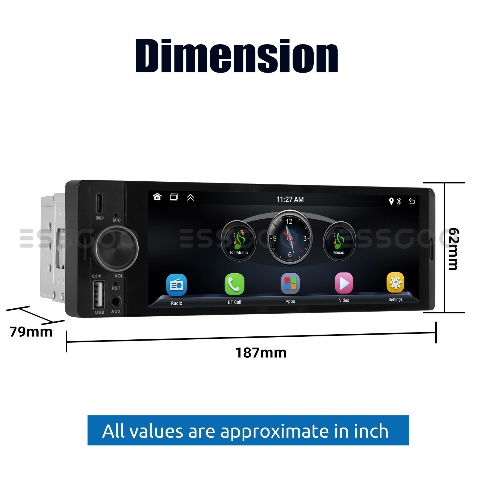 6.36″ Single 1DIN Apple CarPlay Android Auto Car Radio Stereo MIC USB SWC+Camera