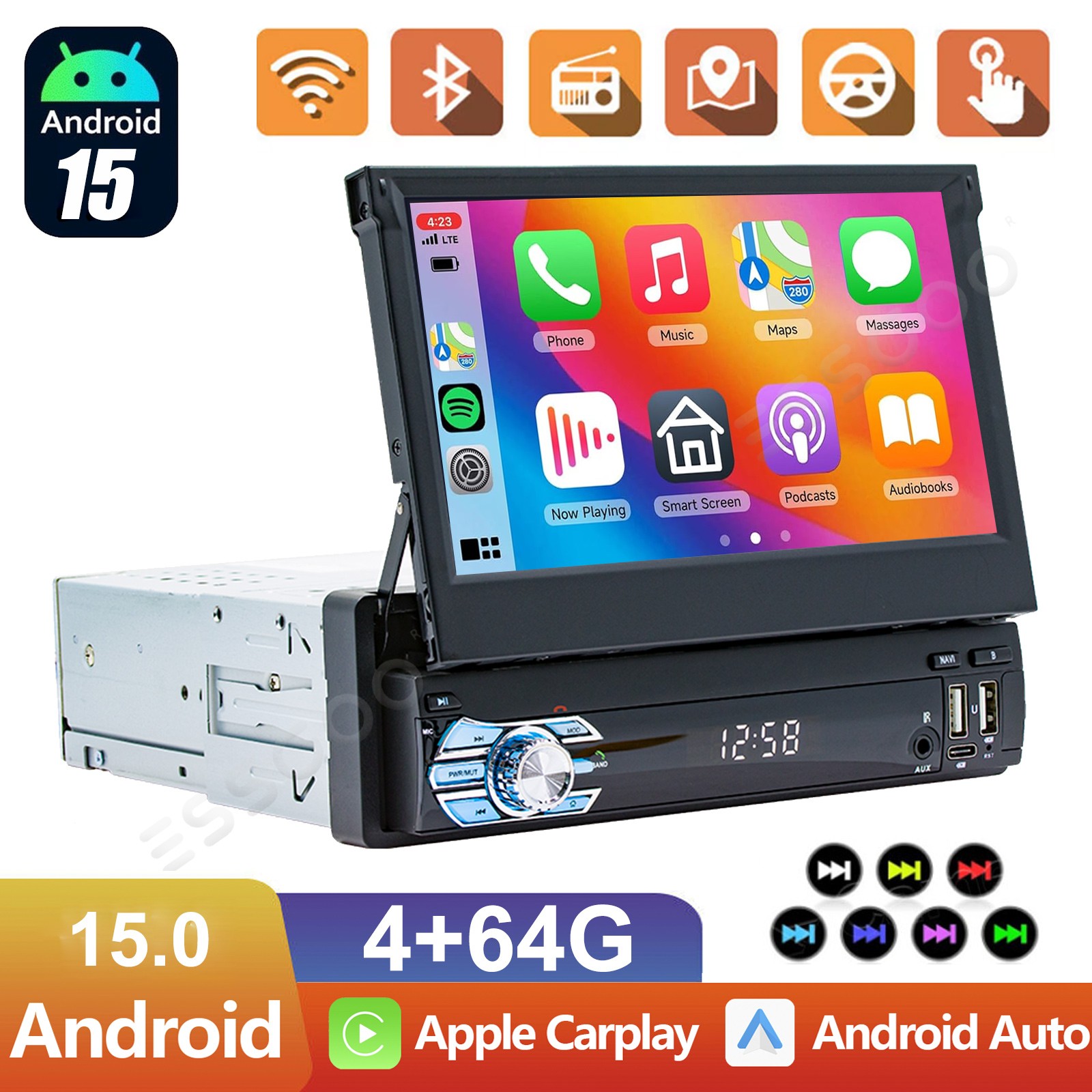 7″ 4+64G Single Din Car Stereo Flip Out Touch Screen FM Mirror Link BT Music USB