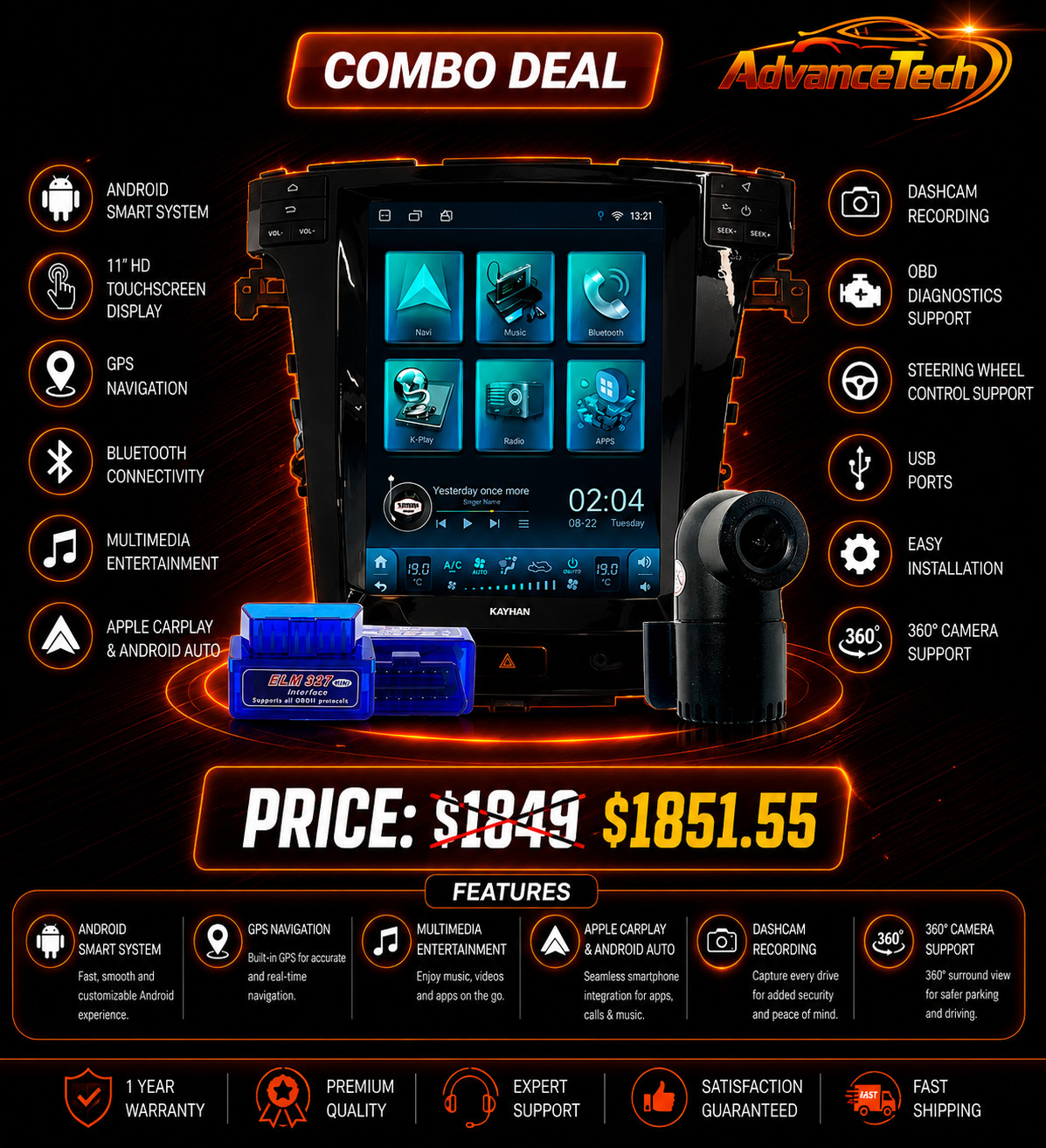 Combo Deal Holden VE2 V6 11″ Stereo with Dashcam & OBD