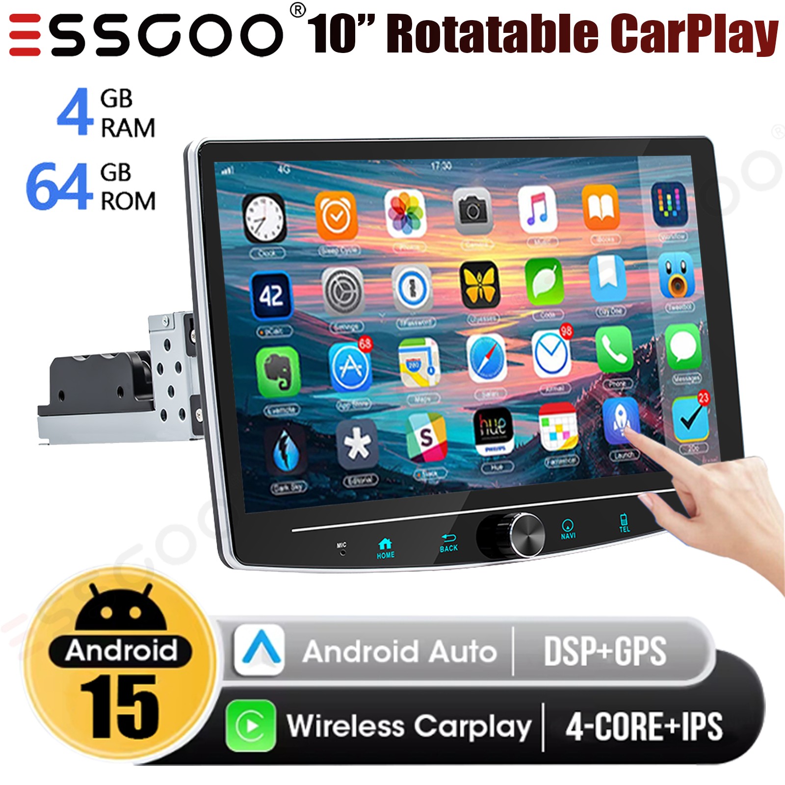 10.1” Android 15 Single 1Din Carplay Rotatable 4+64GB Car Stereo Radio GPS WiFi