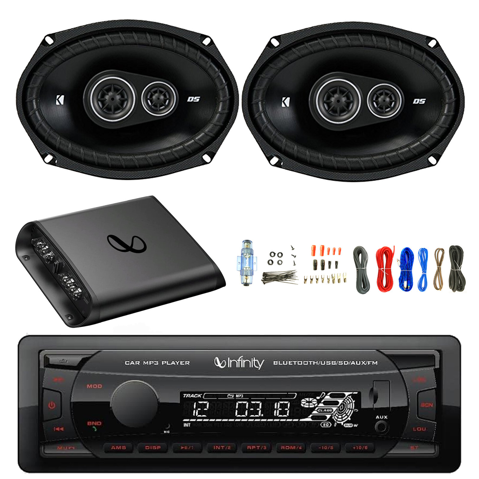 Infinity Single DIN Bluetooth MP3 Receiver, 2x 6×9″ 360W Speakers, Amp w/Kit