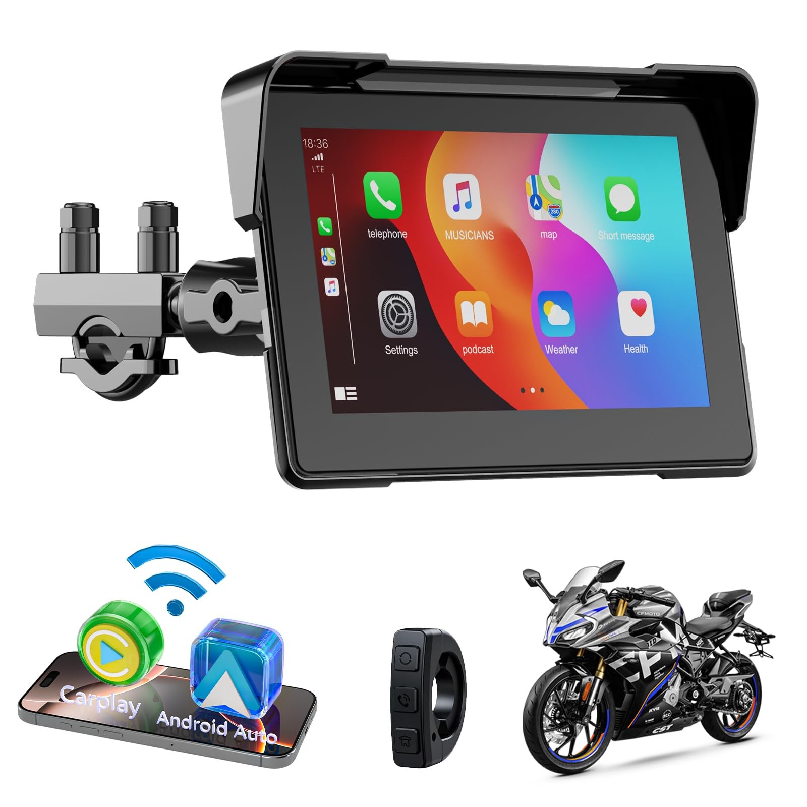 Motorcycle Carplay Screen for Apple carplay & Android Auto, 7″ Portable