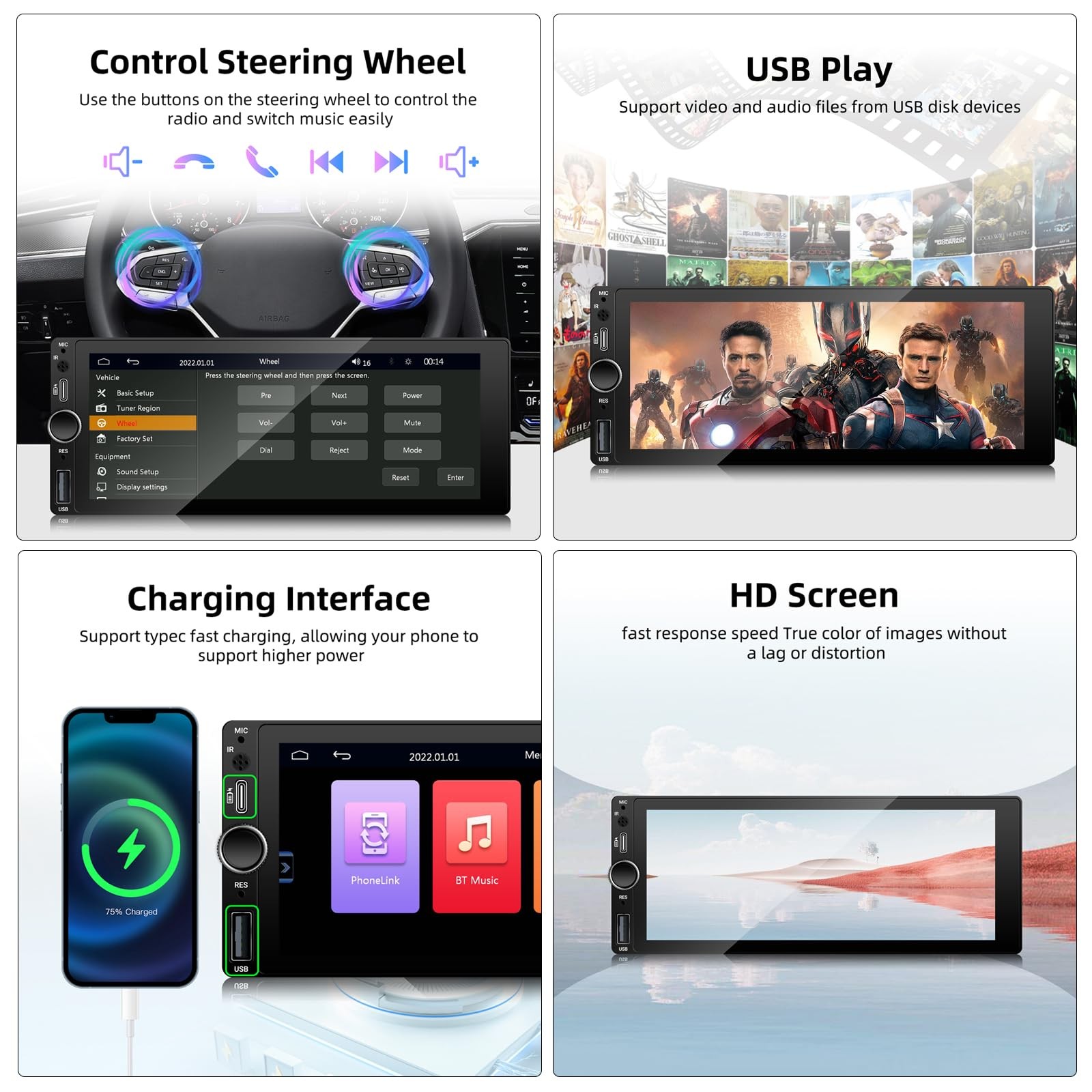 Single Din Car Stereo with Wireless Carplay Android Auto IPS black 6.86 Inch