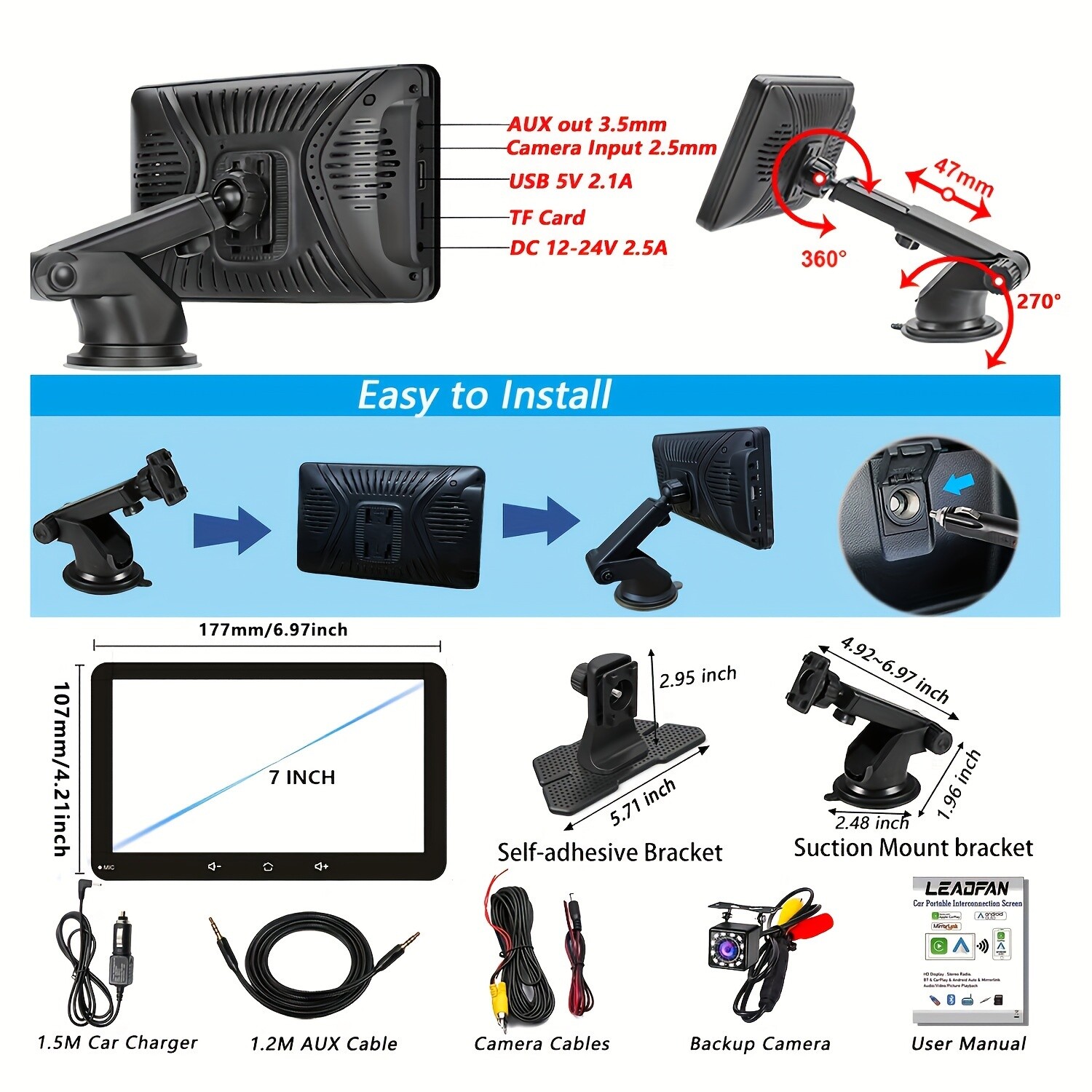 7-inch screen car player MP5 portable smart supports Android Auto, EQ, FM, AUX