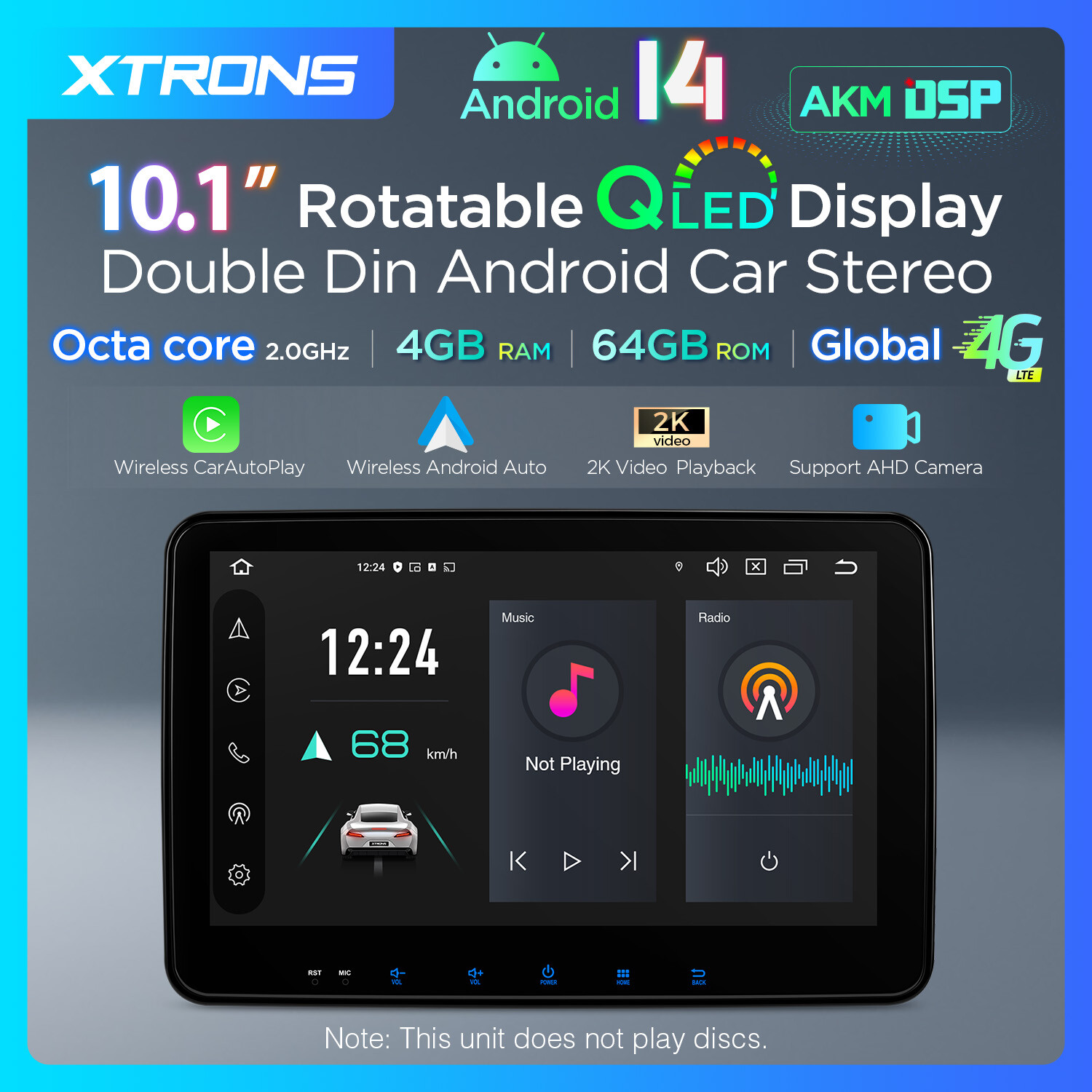 XTRONS 2-DIN 10.1″ Android 14 Car GPS Stereo 8-Core 4+64GB Radio BT5.0 WiFi 4G