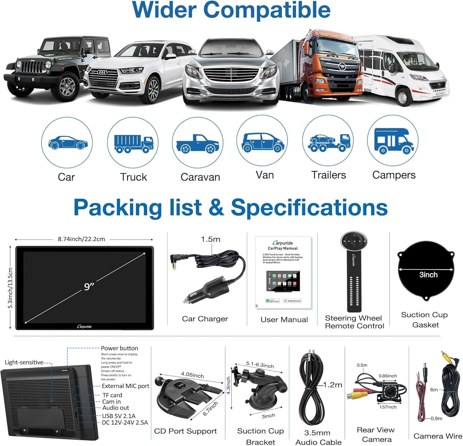 Carpuride W901Pro Car Stereo Apple CarPlay Radio Android Auto Audio Rear Camera