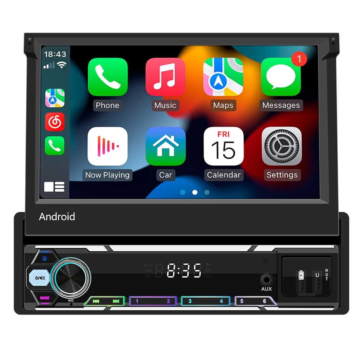 7” Single Din Android 15 Retractable Screen Car Stereo Radio GPS WIFI Carplay