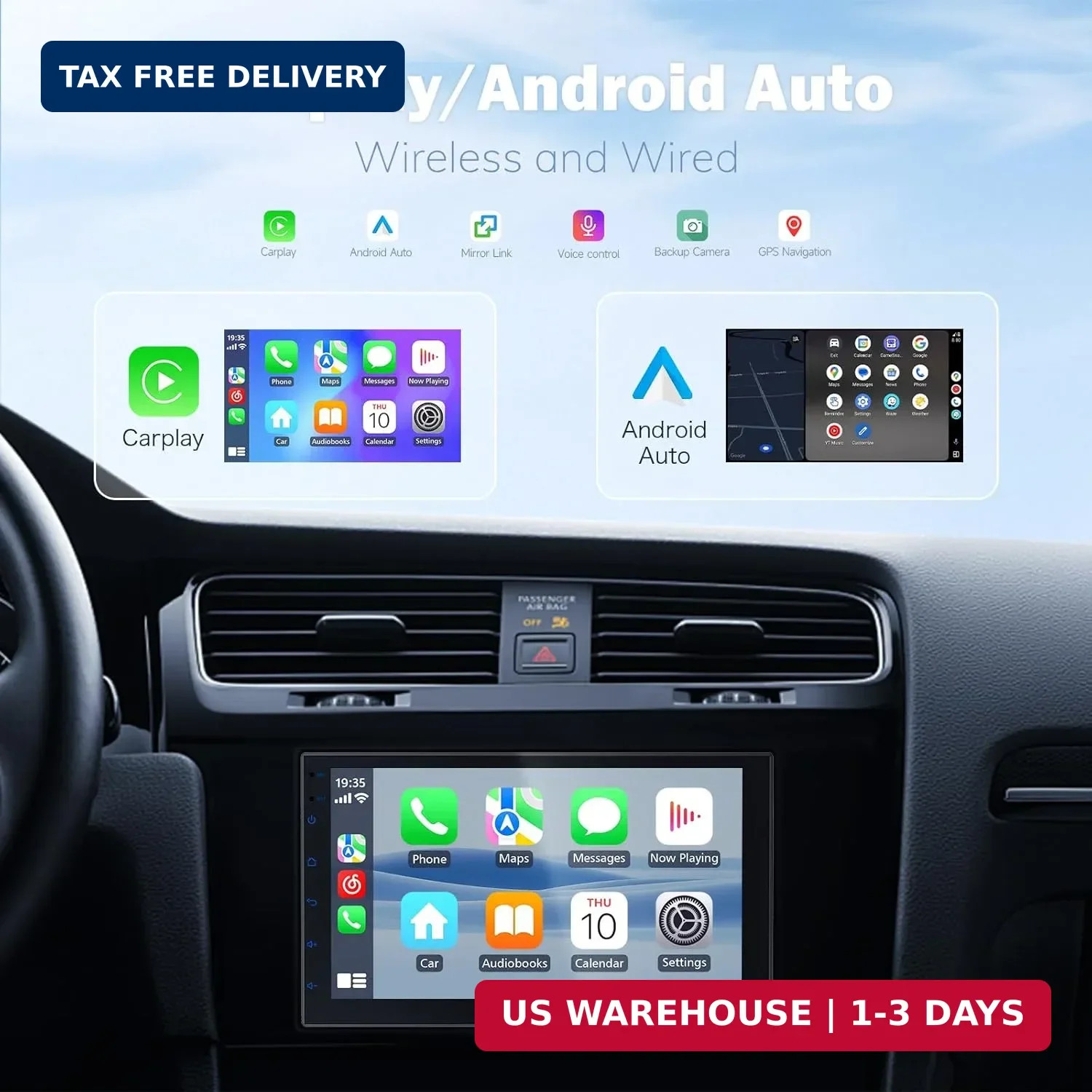 Haudio 7 Inch Double Din Car Stereo with Wireless Apple CarPlay & Android Auto,
