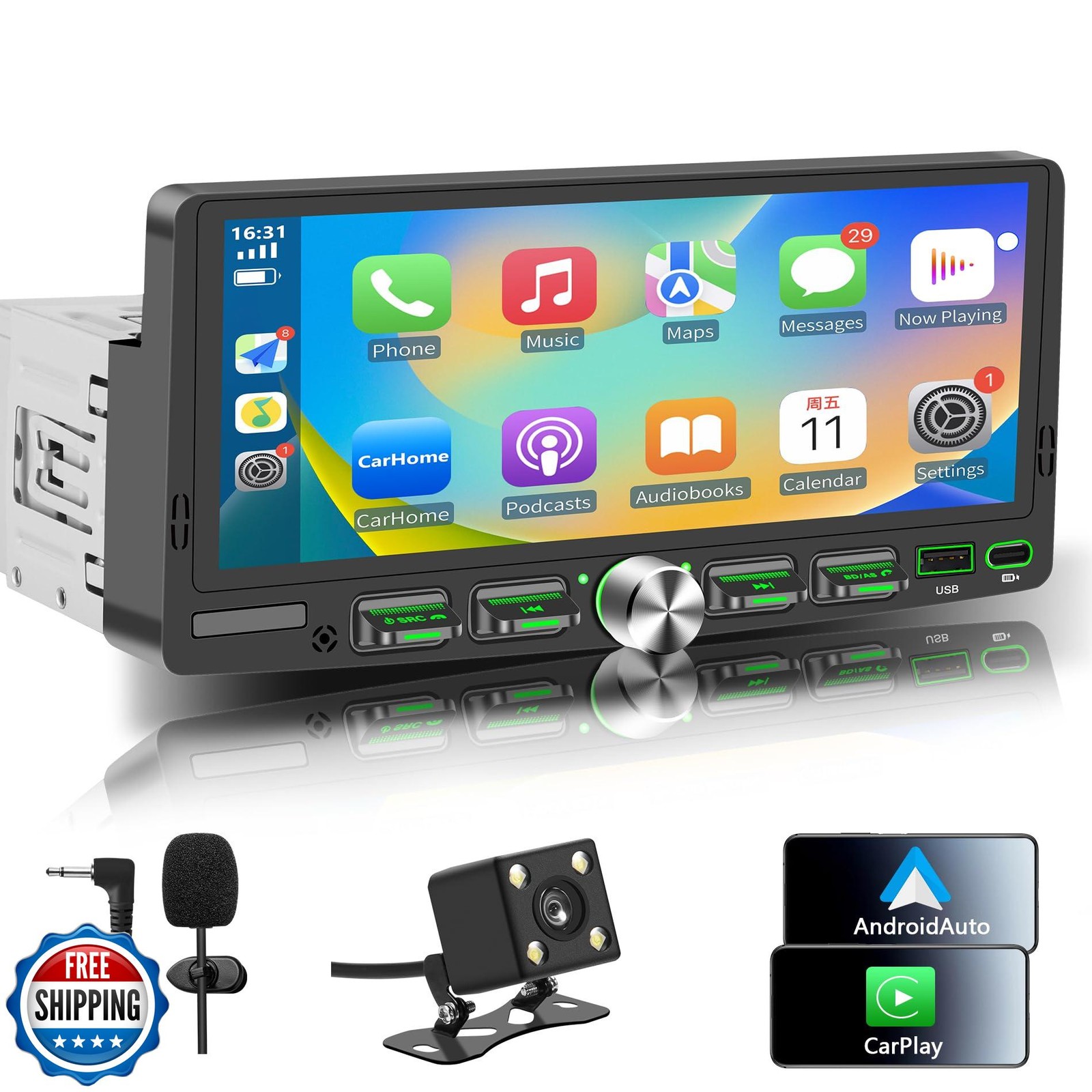Single Din Touchscreen Radio with Wireless Apple CarPlay and Andr