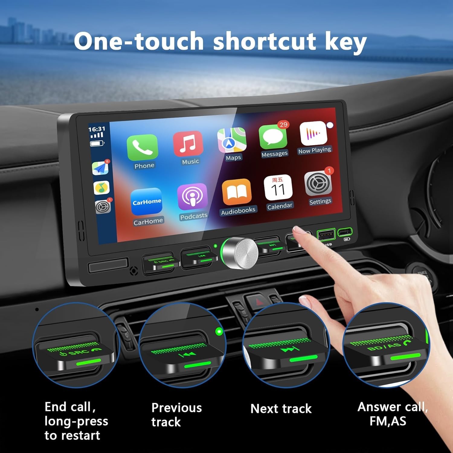 Single 1 Din Car Stereo Wireless CarPlay 6.8″ Touchscreen Bluetooth Radio FM USB