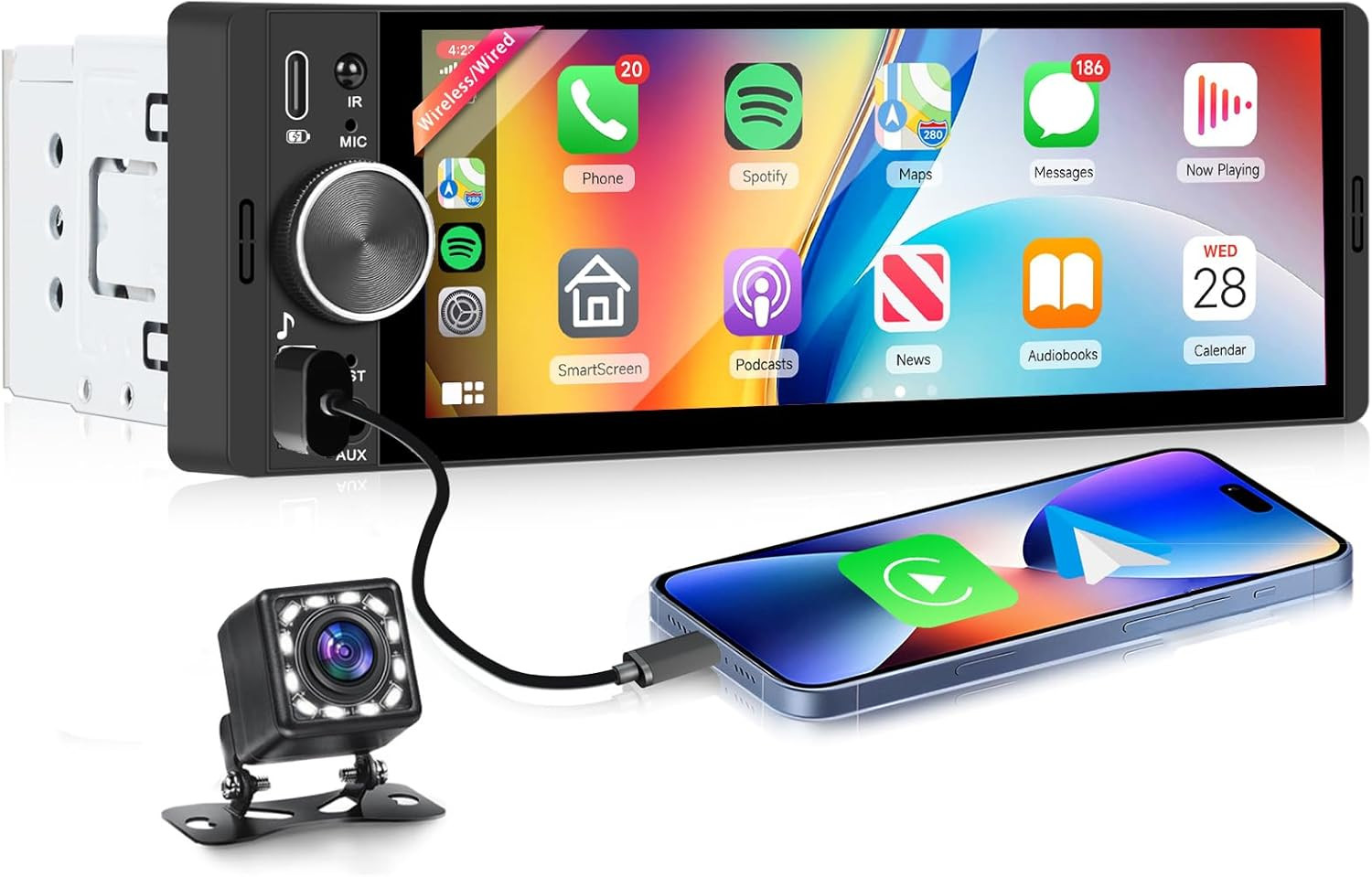 Single DIN Wireless Car Stereo with Wireless Carplay & Android Auto, 6.9” In-Cel