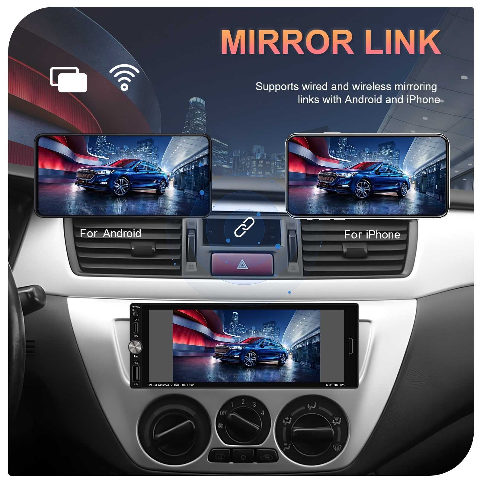 Single 1 Din Car Stereo Wireless CarPlay 6.8″ Touchscreen Bluetooth Radio FM USB