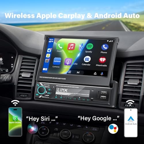 Single Din Car Stereo Screen with Wireless Carplay & Android Auto, 7′ Flip Out