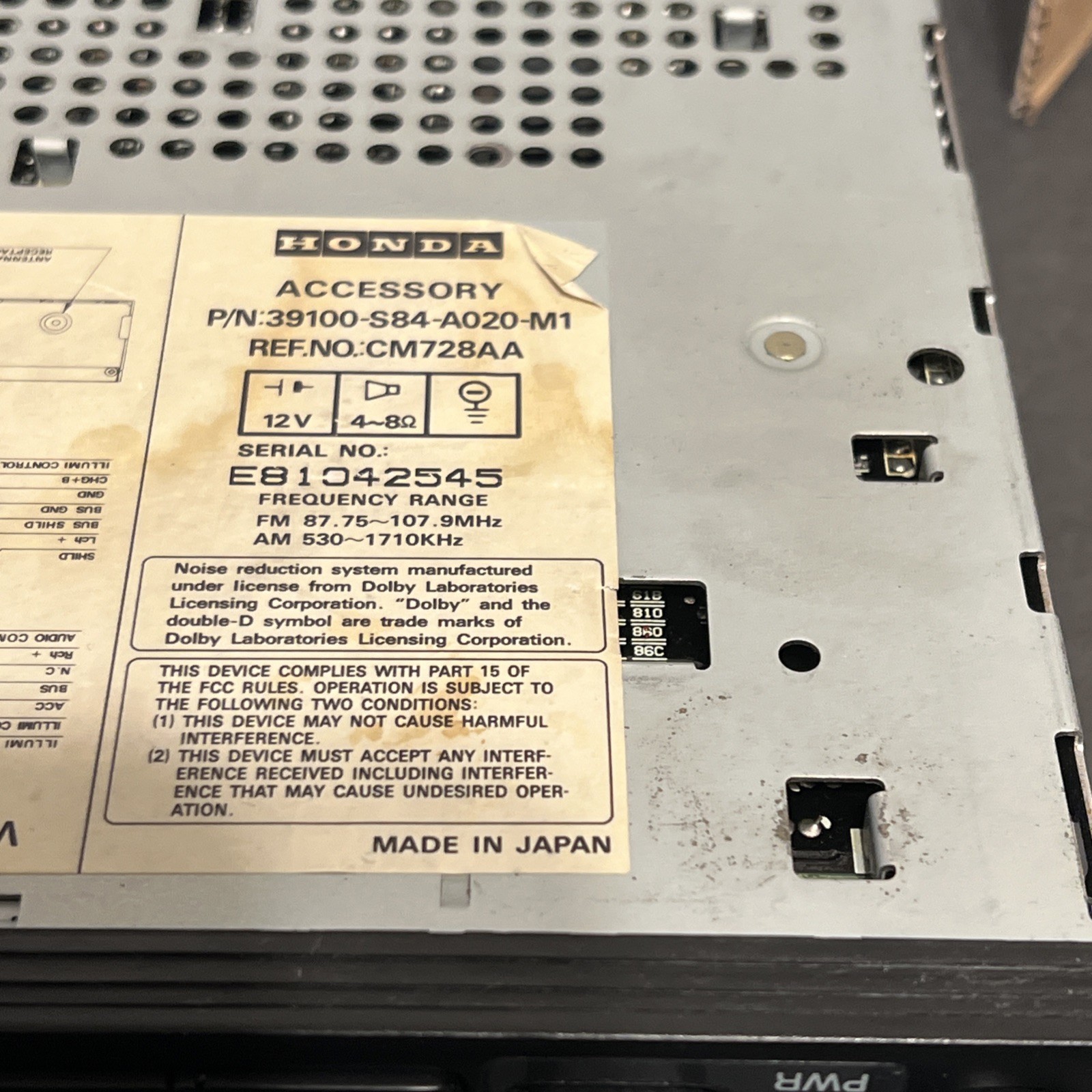 1998-2002 Honda Accord OEM AM FM Cassette Radio 39100-S84-A020-M1 Untested.