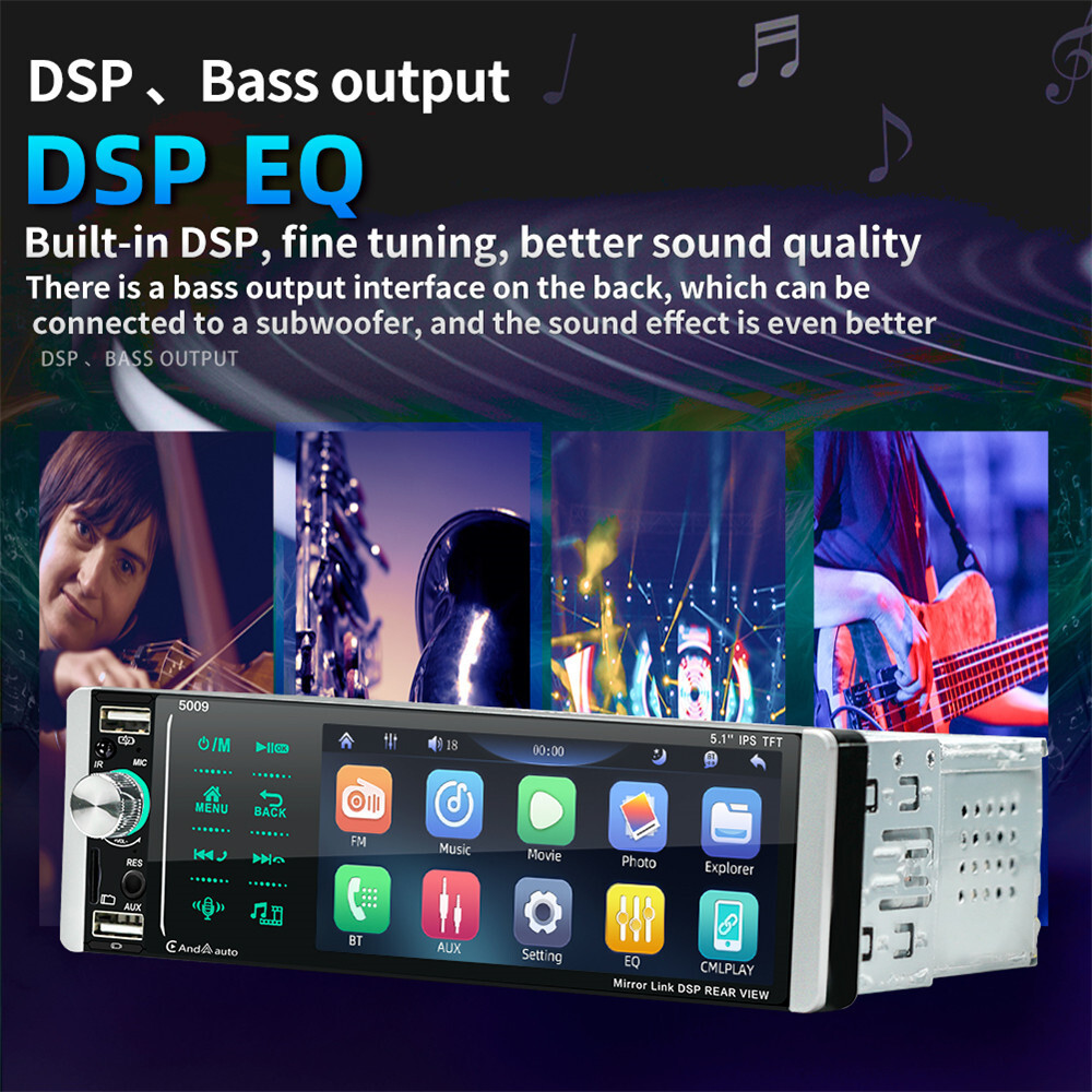 5.1in 1Din Touch Screen Car Radio Stereo Bluetooth AM/FM MP5 Player Android IOS