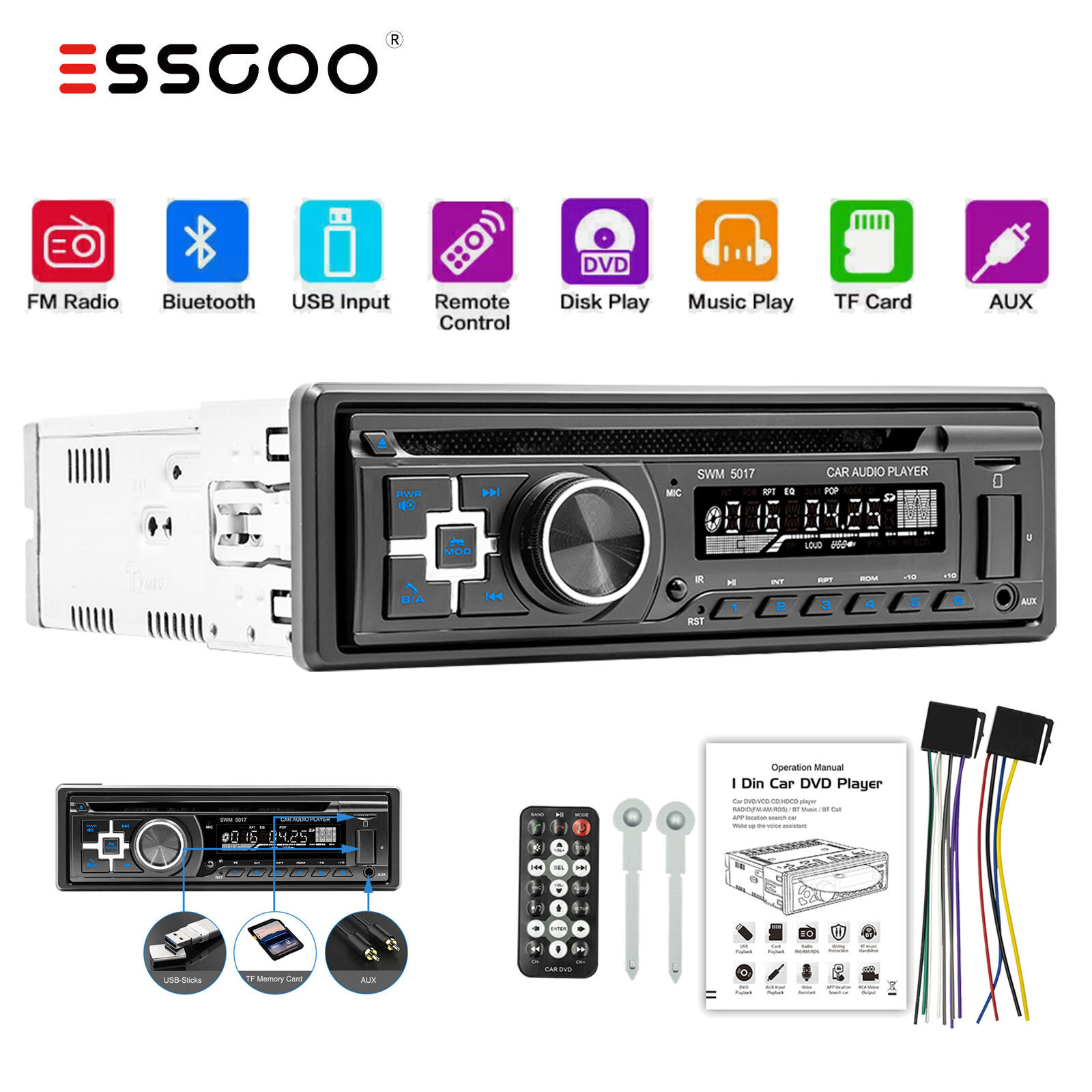 Single 1 DIN DVD CD Car Stereo Radio Bluetooth MP3 Player Head Unit FM Audio USB