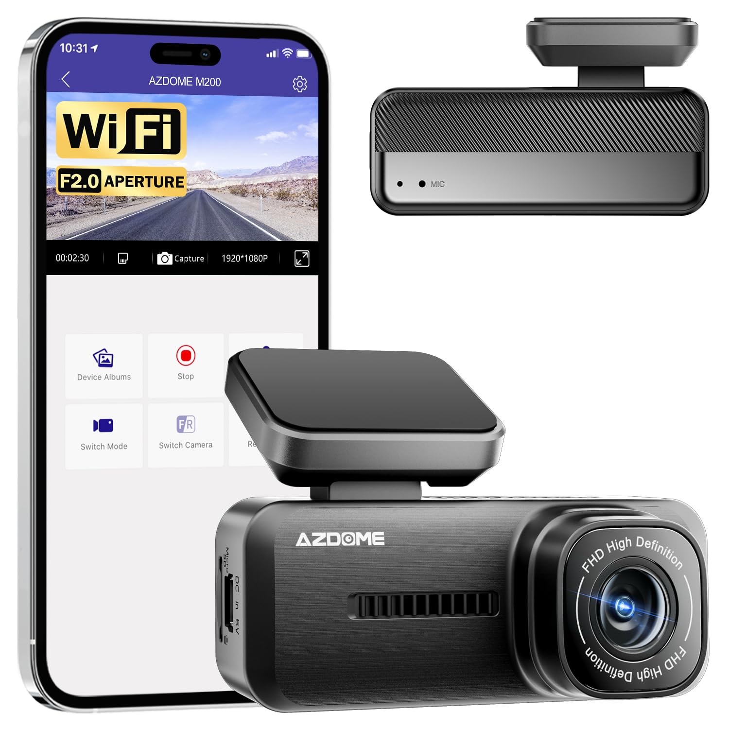 Azdome M200 Mini 1080P WiFi Dash Cam for Cars, Hidden Front Dash Camera