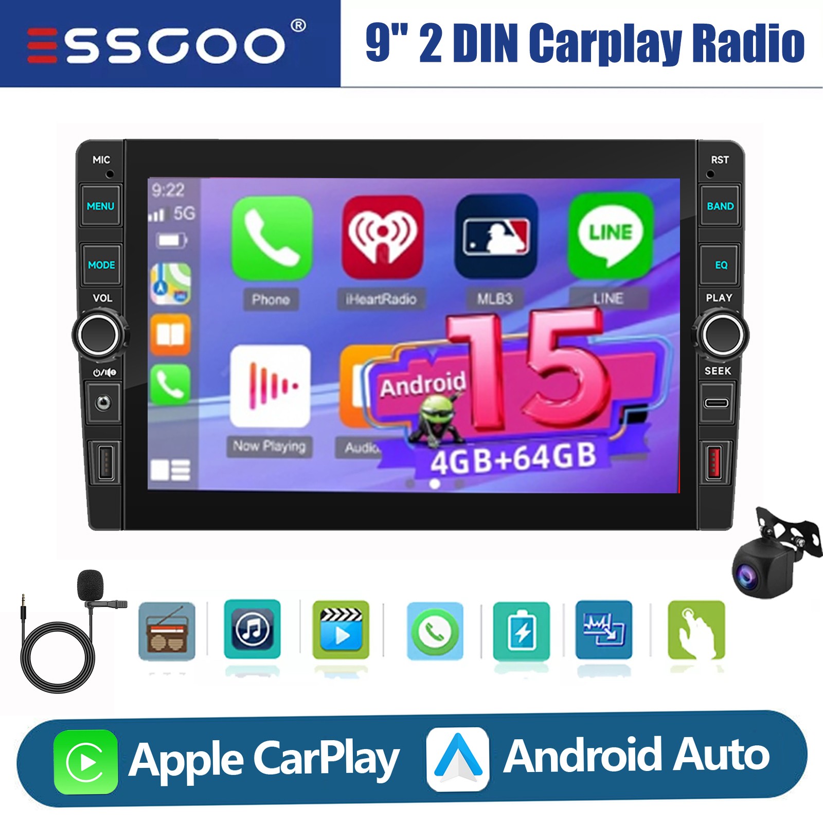 9″ QLED 2DIN Car Stereo Radio Android 15 Carplay USB Head Unit GPS NAVI 4+64GB