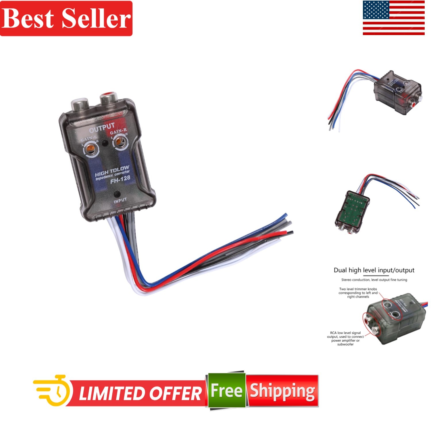 Car Stereo Hi-Low Converter for Auto Subwoofer Amplifier to RCA Adapter