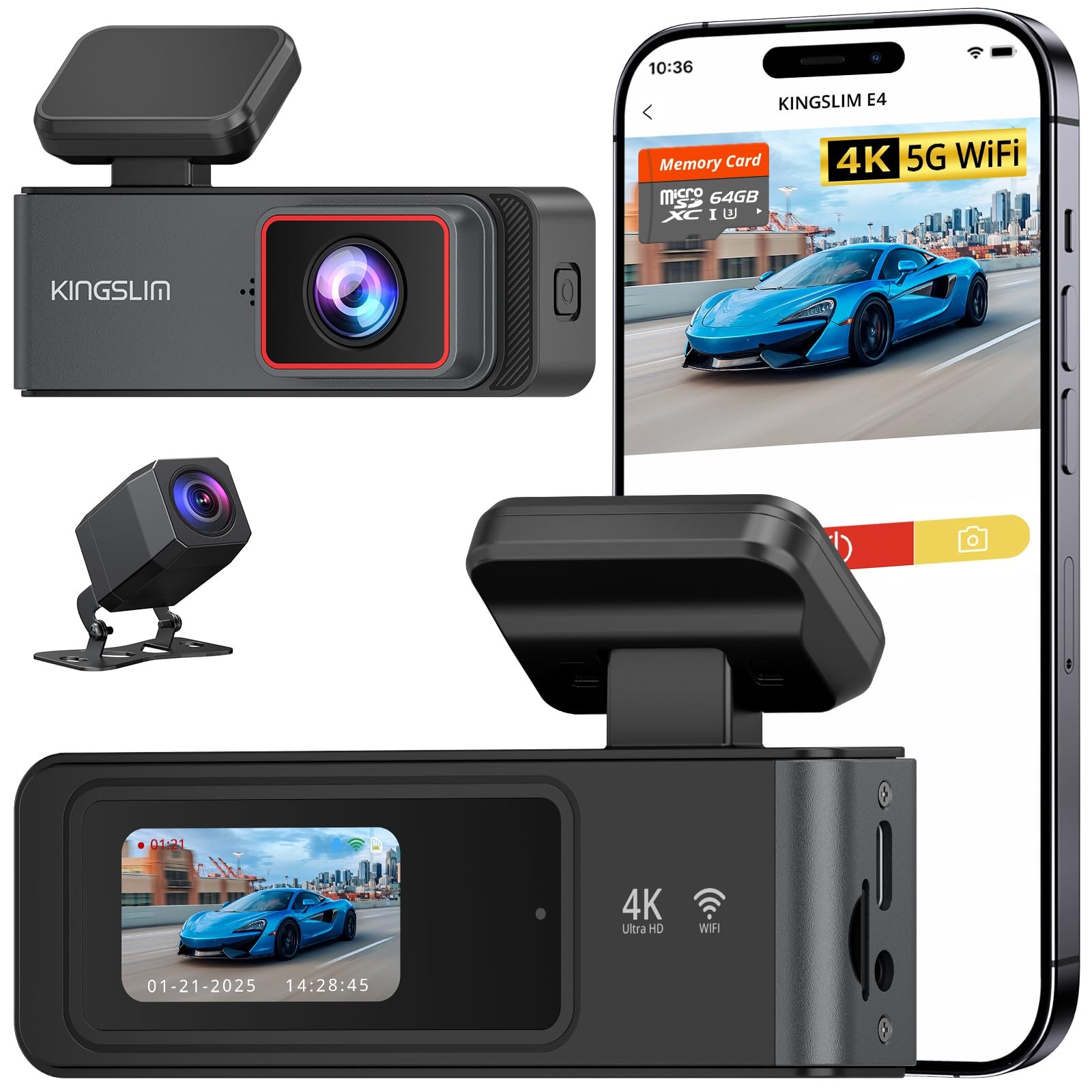 Kingslim 4K Dash Cam Front and Rear with 64GB SD Card, 5G WiFi Dash Camera for C