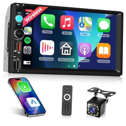 Upgraded Double Din Car Stereo with Wireless Carplay Android Auto, 7 Inch IPS