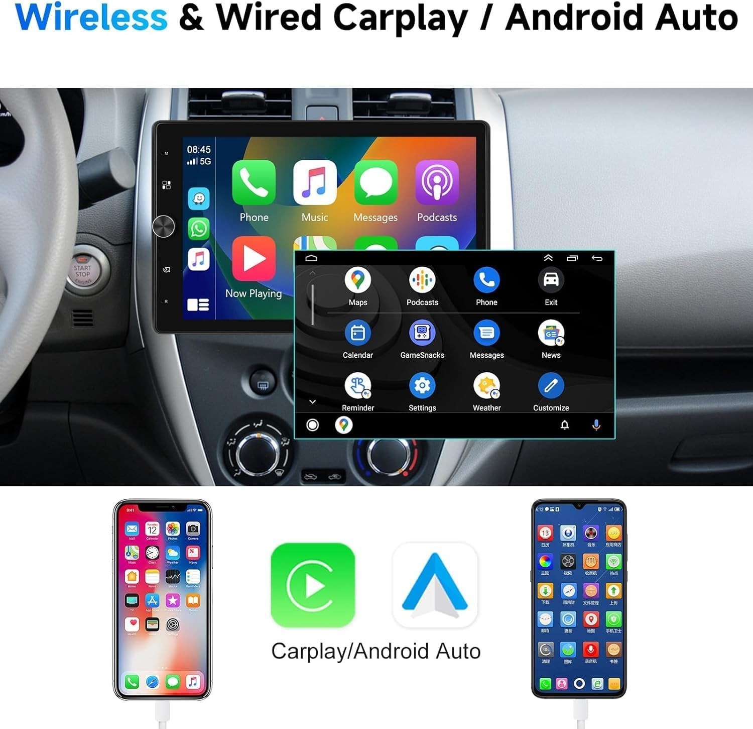 10.4″ Single Din Radio Car Stereo with Wireless CarPlay & Android Auto, Rotat…