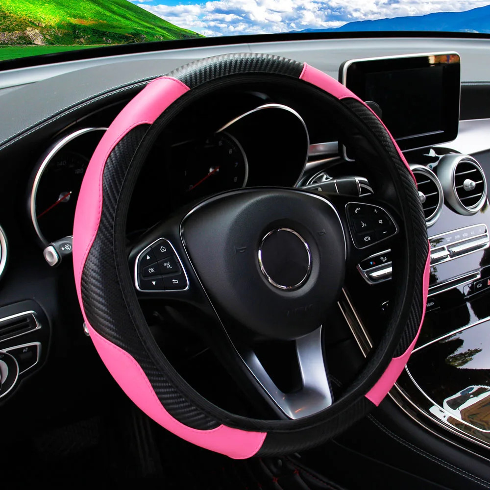PU Carbon Fiber Leather Car Steering Wheel Cover without Inner Ring Suitable for