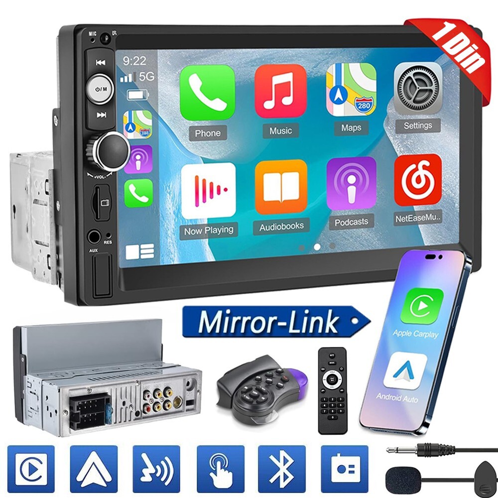 Single Din Car Stereo 7″ Touch Screen Car FM Radio Apple CarPlay Android Auto BT