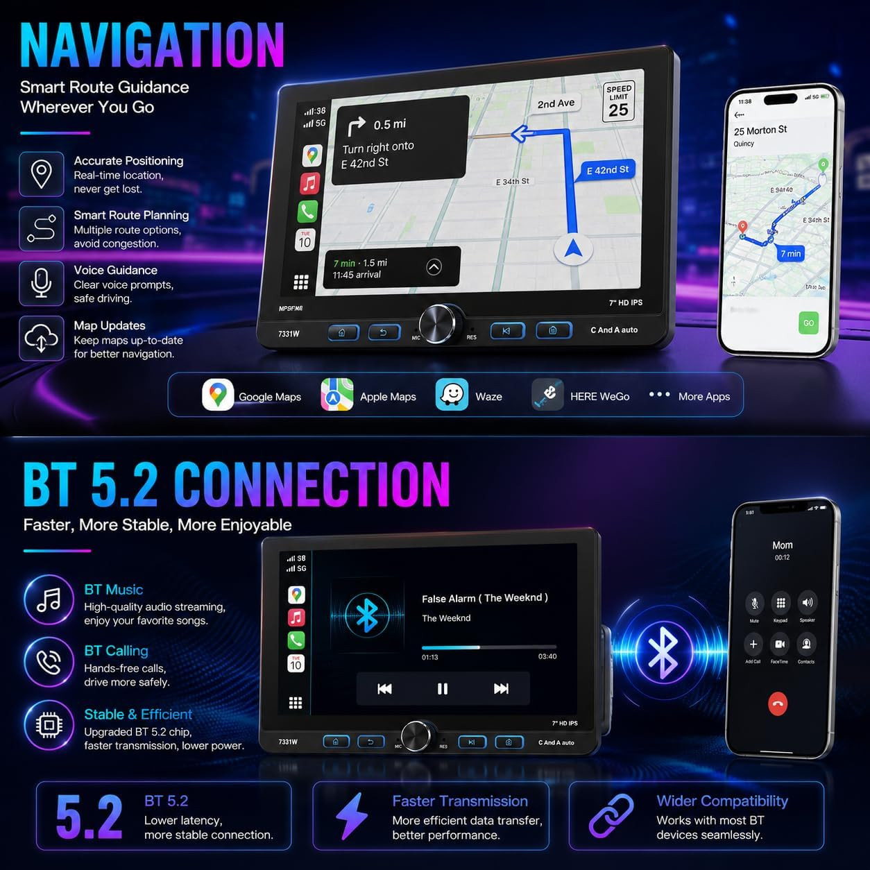 7 Inch Single Din Car Stereo Wireless Apple Carplay & Android Auto, Detachable R