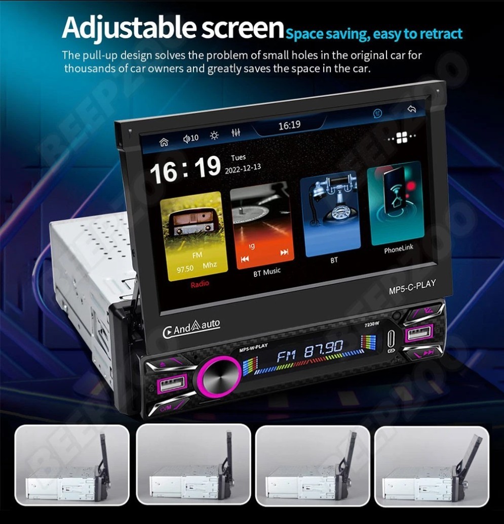 7″ 1 Din Flip Car Radio MP5-II Player Carplay AndroidAuto Touch Video USB Remote