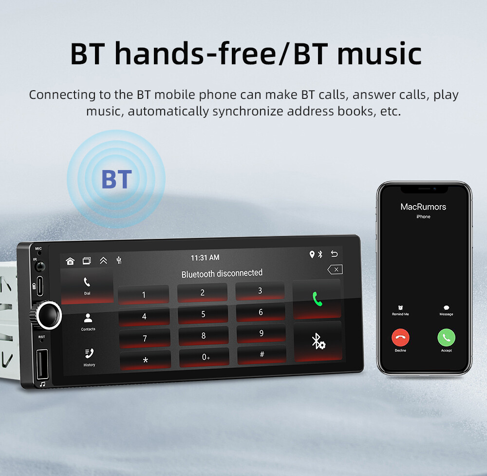 6.86″ Single Din Car Radio With Bluetooth Automotive Multimedia Carplay Android