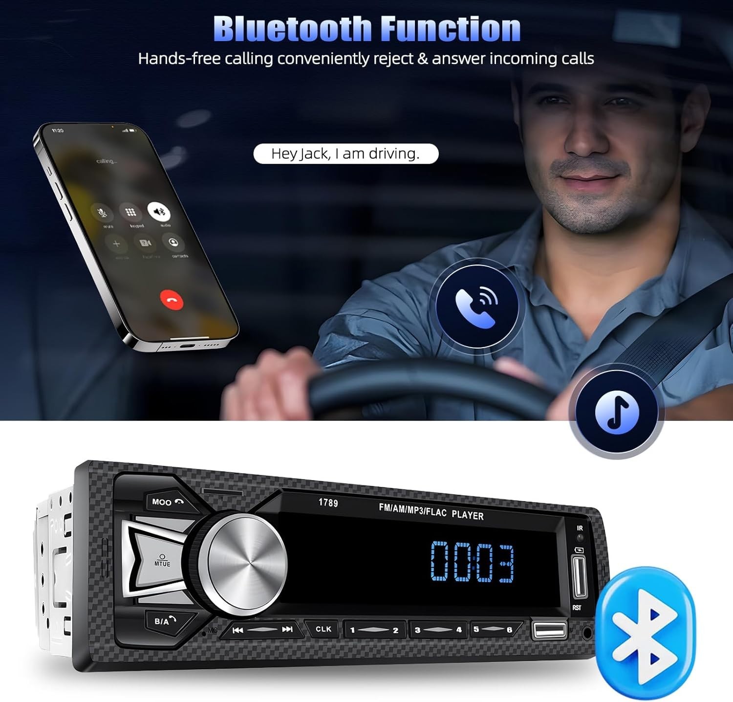 Modern Digital LCD Single Din Car Stereo with Bluetooth & RGB Backlighting