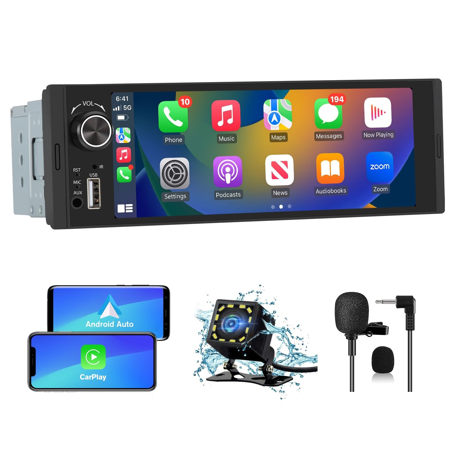 Pyniro Single Din Car Stereo, 6.36 Inch CarPlay & Android Auto HD IPS Black