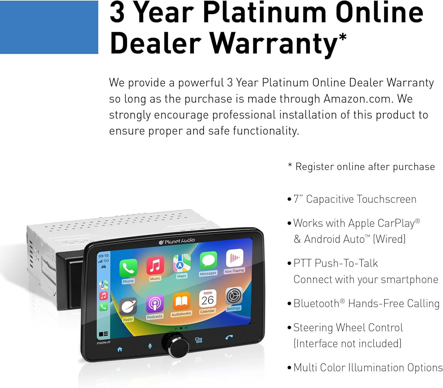 Planet Audio P70CPA-PF Car Stereo – Apple CarPlay, Android Auto, Single Din, 7 I
