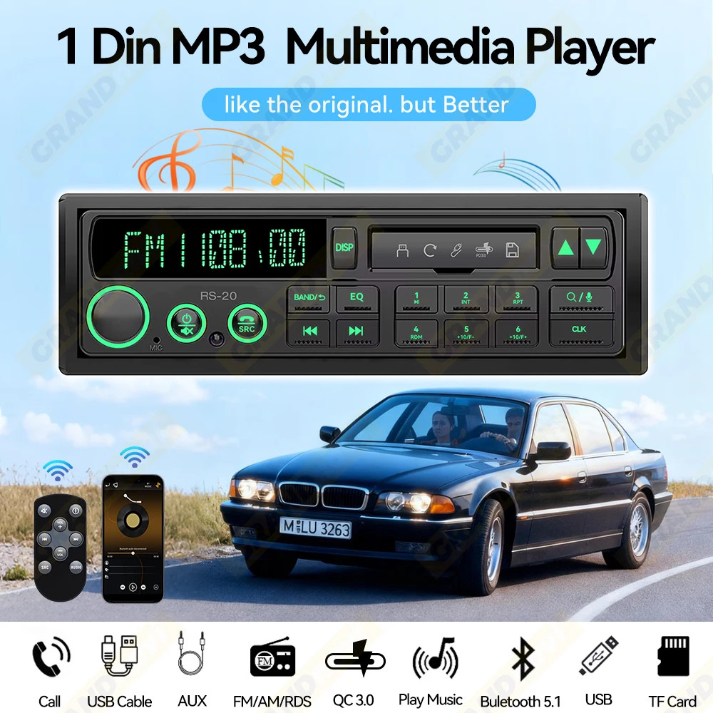 1DIN Retro Car Radio MP3 Player Stereo FM AM RDS DAB Receiver QC3.0 Bluetooth Fo