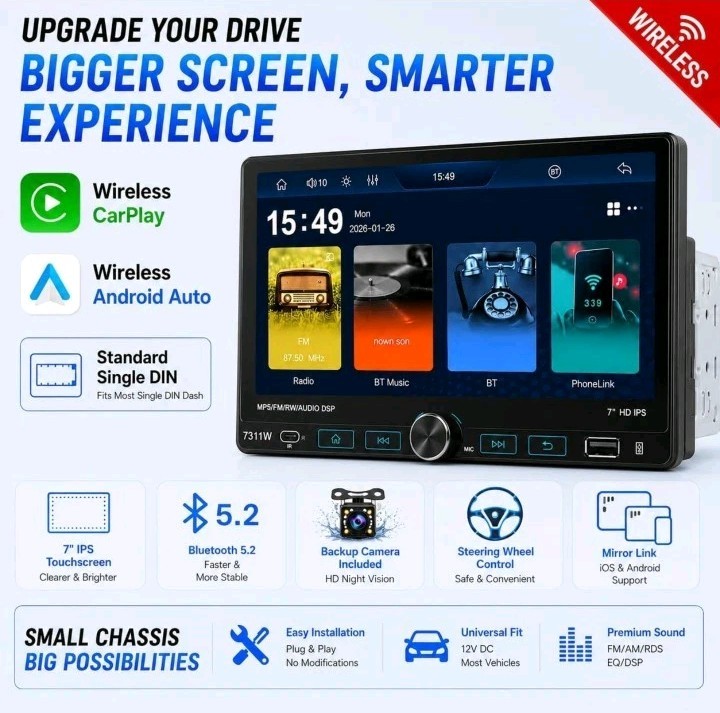 7″ Single 1Din Car Stereo Radio USB BT Wireless Android auto Carplay BT + Camera