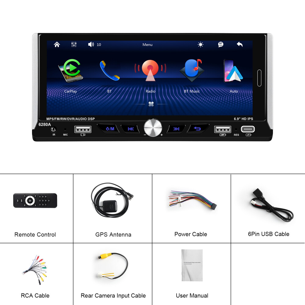 2+64GB 6.9″ Single 1 Din Android 15 Carplay BT GPS Touch Screen Car Stereo Radio