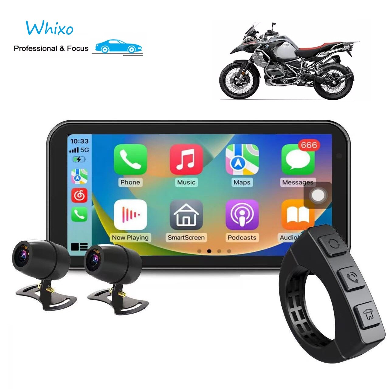 WHIXO V533 Android Wireless Carplay Auto Moto Stereo W/HD 1080P Dual Camera