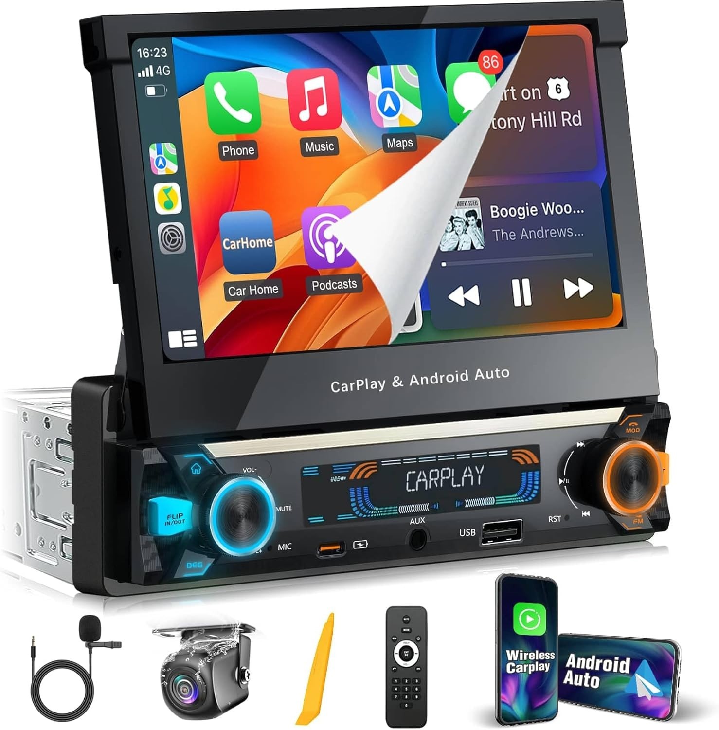 Newest Single Din Touchscreen Radio with Wireless Carplay&Android Auto,7 inch