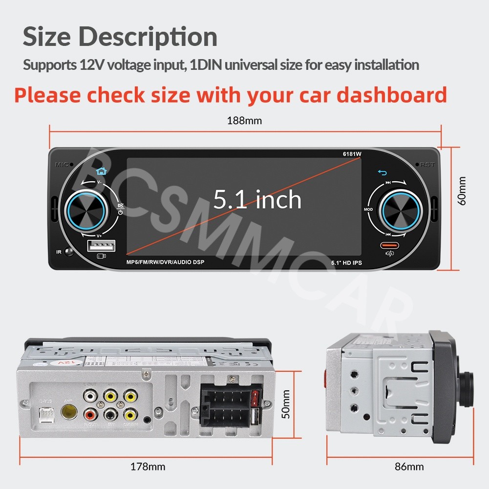 1Din Car MP5 Player FM Bluetooth Touch Screen USB Stereo Mirror Link With SWC