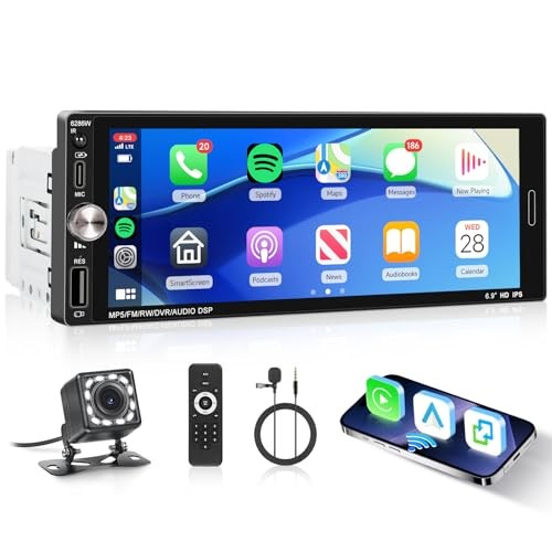 Single Din Car Stereo with Wireless CarPlay Android Auto Mirror Link, Car