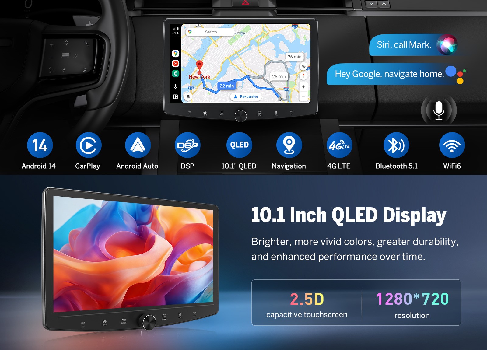 10.1″ Double DIN QLED Car Radio Wireless CarPlay Android Auto GPS Bluetooth DSP