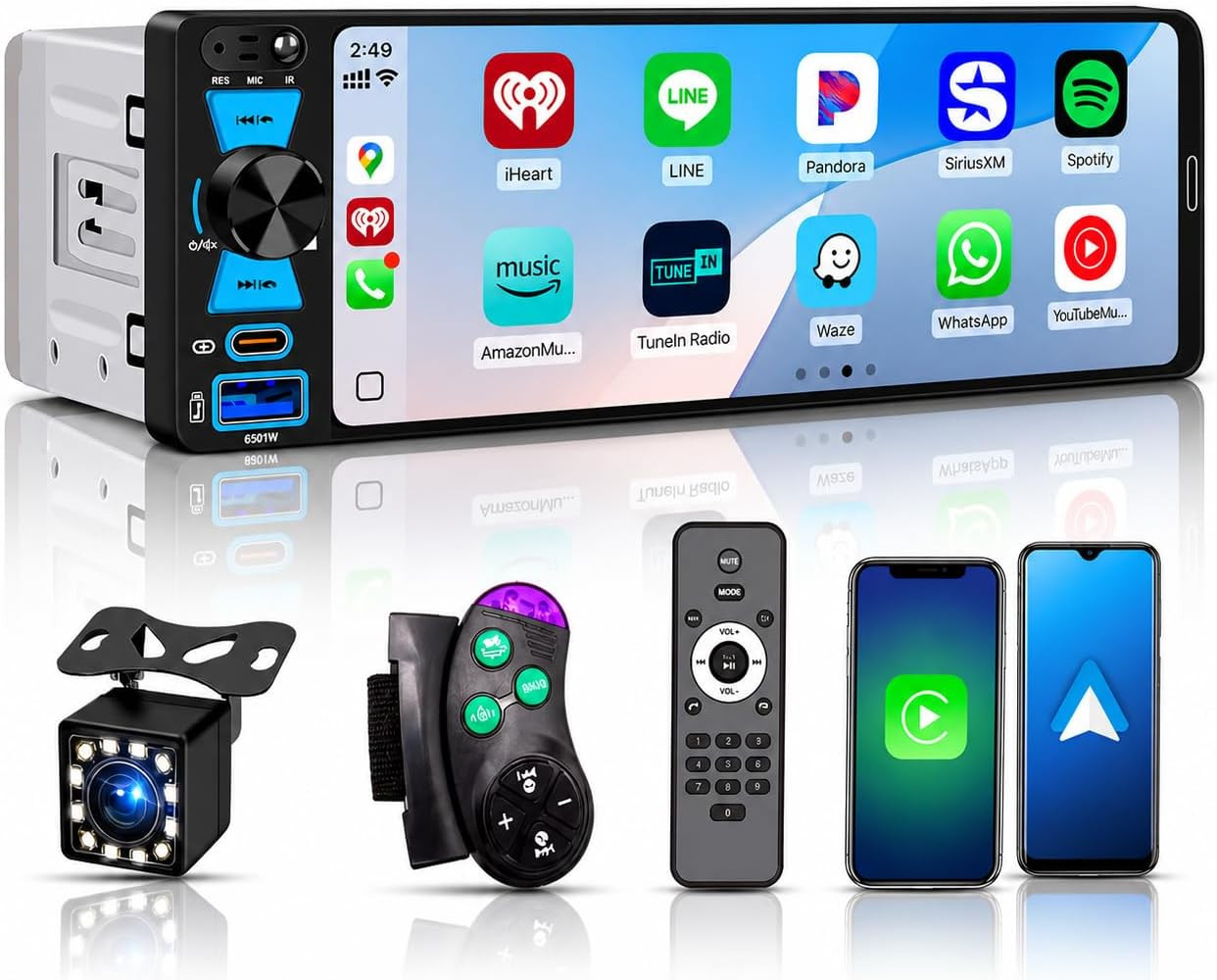 Single Din Car Stereo, 6.5 Inch In-Cell Touch Screen, Wireless Apple Carplay And