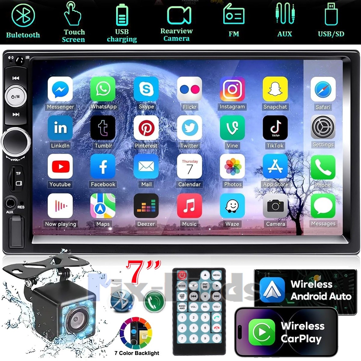 7″ Double 2 DIN Car MP5 Player Bluetooth Touch Screen Stereo Radio With Camera